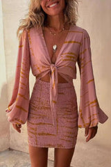 Tie-dye lantern sleeve crop top dress with ruched details