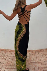 Summer Adventures Tie-dye Print Back Lace-up Stretch Maxi Dress(With built-in bra)