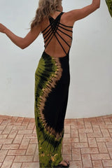 Summer Adventures Tie-dye Print Back Lace-up Stretch Maxi Dress(With built-in bra)