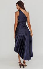 Panama Maxi Dress - Navy - Pleated Dress With Side Cut Out
