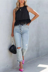 Eternally Glitzy Feather Trim Crop Tank Top