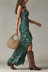Bohemian Green Printed Maxi Dress with Ruffled Sleeves