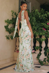 BRIANNA GOWN - STRAPLESS SAGE FLORAL CHIFFON GOWN WITH SCARF