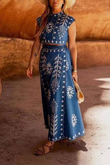 Elegant Women Ethnic Embroidered Two-Piece Skirt Set