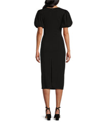 Marina 269141 Short Puffed Sleeve Fitted Cocktail Midi Dress