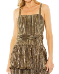 A Line Pleated Metallic Tea Length Cocktail Dress Pleated Metallic Tea Length Mac Duggal 27062