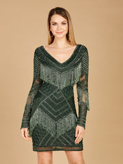 Lara Dresses 29355 Long Sleeve Beaded Fringe Short Cocktail Dress