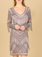 Lara Dresses 29355 Long Sleeve Beaded Fringe Short Cocktail Dress