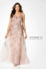 Ivonne D ID924 Long A Line Formal Beaded Applique Overskirt Dress