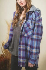 Stylish Hooded Plaid Shirt Frayed Coat