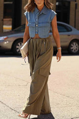 Stylish Weekend Denim Button Up Cape Sleeve Pocket Crop Top