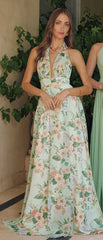CHEYENNE GOWN - SAGE FLORAL CHIFFON HALTER DRESS
