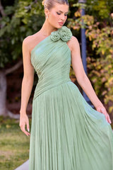 Minna Gown - Rosette One Shoulder A-line Shimmer Chiffon Dress