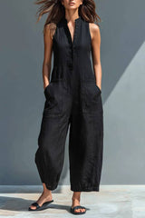 Black Minimalist Faux Linen Button-down Collar Sleeveless Loose-fitting Jumpsuit