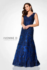 Ivonne D ID923 Long Formal Metallic Lace Applique Evening Gown