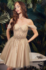 OLIVIA MINI DRESS - OFF THE SHOULDER EMBELLISHED A-LINE SHORT DRESS