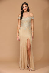 Long Off Shoulder Formal Metallic Prom Dress
