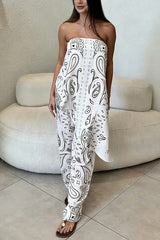 Unique Printed Sleeveless Off-shoulder Top and Elastic Waist Casual Straight Leg Pants Set