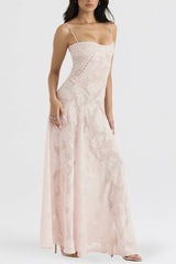 Spaghetti Strap Jacquard Lace Waist-Cinched Tie Maxi Dress