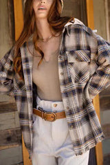 Stylish Hooded Plaid Shirt Frayed Coat