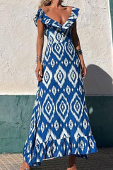 Off-the-Shoulder Ruffle Geometric Print Waist-Cinched Maxi Dress