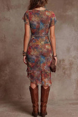 Bohemian Abstract Art Print V-neck Pleated Midi Dress
