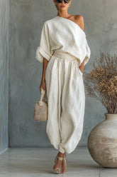 Off-white Linen Off-shoulder Loose Casual Top And Tapered Pants Set