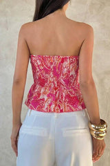Paisley Print Strapless Ruched Asymmetrical Hem Top