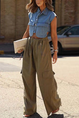 Stylish Weekend Denim Button Up Cape Sleeve Pocket Crop Top