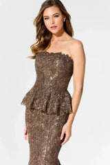 Ivonne D ID921 Metallic Long Mermaid Lace Formal Peplum Dress