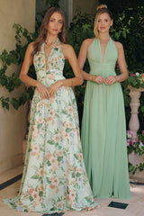 CHEYENNE GOWN - SAGE FLORAL CHIFFON HALTER DRESS