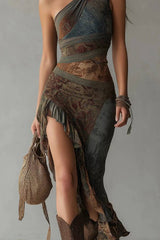 Ethnic-Style Printed One-Shoulder Maxi Dress with High Slit