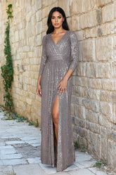 Long Sleeve Sequin Formal Hand Beaded Prom Dress