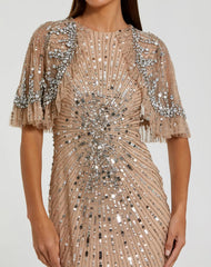 Long Beaded Evening Dress Formal Fitted Capelet Mac Duggal 23044