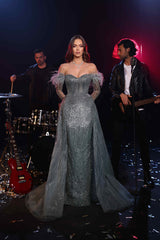 Modessa Couture M23502 Beaded Long Formal Feather Overskirt Evening Prom Dress