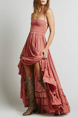 Smocked Bandeau Backless Tiered Ruffle Maxi Dress