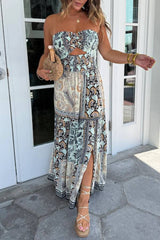 Strapless Twist Cutout Floral Print Waist-Cinched Maxi Dress