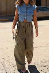 Stylish Weekend Denim Button Up Cape Sleeve Pocket Crop Top