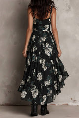Black Bohemian Floral Print Irregular Strapless Maxi Dress