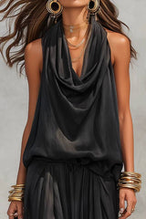 Black Halter Neck Sleeveless Top And Pleated Trousers Set