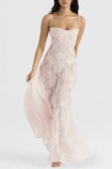 Spaghetti Strap Jacquard Lace Waist-Cinched Tie Maxi Dress