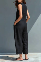 Black Minimalist Faux Linen Button-down Collar Sleeveless Loose-fitting Jumpsuit