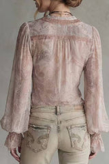 Paisley Print V-Neck Lace-Trim Puff Sleeve Blouse