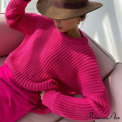 Candy Color Crewneck Trendy Pullover Sweater - Purple