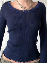 Casual Basic Lace Trim Slim Patchwork O-Neck Knit Top