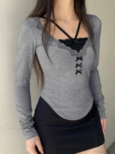 Casual Lace Trim Patchwork Fake 2 Piece Slim V-Neck Knit Top
