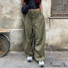 Casual Low Waist Ruched Trim Classic Baggy Cargo Pants - Brown