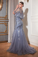 Long Formal Beaded Mermaid Cape Dress by LaDivine S438
