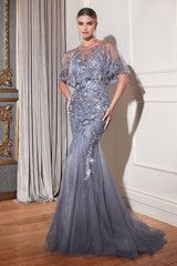 Long Formal Beaded Mermaid Cape Dress by LaDivine S438