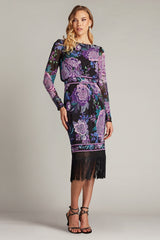 Tadashi Shoji CHZ25451M Midi Length Fringe Floral Fitted Cocktail Dress